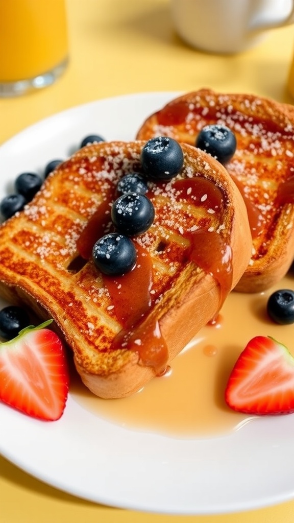 Golden brown cinnamon French toast served with maple syrup and fresh berries.